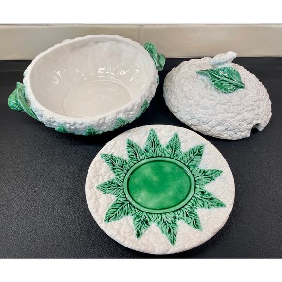 1930s Bordallo Pinheiro Cauliflower Cabbage Tureen Lidded Dish Underplate - Picture 8 of 12